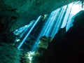 Rays of sun inside the cenote Chac Mool Royalty Free Stock Photo