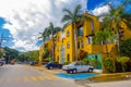 Playa del Carmen, Mexico - January 10, 2018: Outdoor view of cars parked in a huge and beautiful house in Playa del