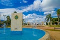 PLAYA DEL CARMEN, MEXICO JANUARY 01, 2018: Outdoor view of stoned structures inside of artifical fountain located in