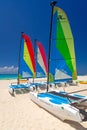 Colorful sail catamarans on the beach of Playacar at Caribbean Sea of Mexico Royalty Free Stock Photo