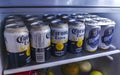 Beer cans of Corona Montejo or Superior in the fridge