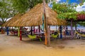 Playa hermosa, Mexico, May, 29, 2018: Outdoor view of hammocks inside of hut structures made of straw, in a caribbean Royalty Free Stock Photo