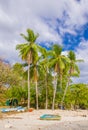 PLAYA MONTEZUMA, COSTA RICA, JUNE, 28, 2018: Outdoor view of small boat in the sand with some palm trees behind in Playa