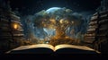 Playbook with piles of books on each side in front of old magic tree created with Generative AI Royalty Free Stock Photo