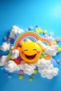 happy full yellow sunny on the blue and clouds sky, Summer Sun Face with Happy Smile,