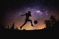 Player american football man jumping silhouette at the night starry sky and moon background. Royalty Free Stock Photo