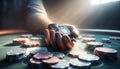 Player in casino, cards and poker chips on green felt table, closeup