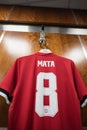 Player Changing Room in The Old Trafford stadium in Manchester, England. Old Trafford is home of Manchester United football club. Royalty Free Stock Photo