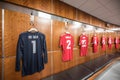 Player Changing Room in The Old Trafford stadium in Manchester, England. Old Trafford is home of Manchester United football club. Royalty Free Stock Photo