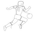 A player dribbles the ball in football. One line art. Continuous line drawing of football on a white background