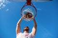 player dunking basketball ball through net ring with hands, sport motivation Royalty Free Stock Photo