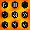 Player. Hexagonal icons set on abstract orange bac
