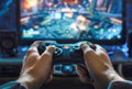 The player\'s hands operate a game controller, with the game screen in the background
