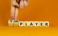 Player or teamplayer symbol. Businessman turns wooden cubes and changes concept words Player to Teamplayer. Beautiful orange table Royalty Free Stock Photo