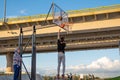 A player throws a ball into a basketball basket