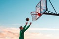 A player throws a ball into a basketball basket