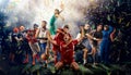 Players of different sports on the football stadium 3D rendering