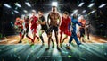 Players of different sports on the vollayball stadium 3D rendering Royalty Free Stock Photo