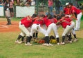 Players discussing and cheering up in a baseball match Royalty Free Stock Photo