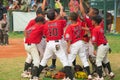 Players discussing and cheering up in a baseball match Royalty Free Stock Photo