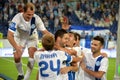 Players of FC Dnipro congratulate footballplayer after scoring Royalty Free Stock Photo