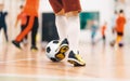 Players in Futsal Training. Indoor Soccer Class for Kids at School Sports Hall Royalty Free Stock Photo