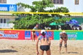 Players are playing in a match in the Women beach volleyball tournament in Nha Trang city