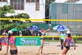 Players are playing in a match in the Women beach volleyball tournament in Nha Trang city