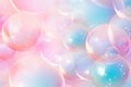 Playful abstract background: vibrant, glossy liquid blobs and floating soap bubbles, copy space.