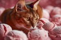 Playful Abyssinian Cat Amongst Pink Marshmallow Twists Whimsical Domestic Feline Photography Captured with Soft Focus Background Royalty Free Stock Photo