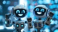Playful activity between two robots with joyful digital expressions, showcasing the lighter side of artificial
