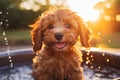 Playful and adorable cavapoo puppy enjoying a refreshing splash in the sunny weather