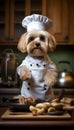 Playful and adorable dog wearing a chef hat while cooking nutritious meals in the kitchen
