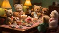 A playful and adorable scene of teddy bears and stuffed