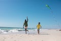 Playful african american father and son running while flying kite at beach on sunny day, copy space Royalty Free Stock Photo