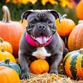 A Cool American Bully with a playful smirk from a squash farm