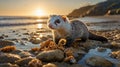 A Curious Ferret Exploring the Rocky Beach at Sunset, with Starfish Scattered Around Royalty Free Stock Photo
