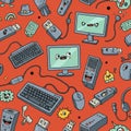Playful, animated pattern featuring computer-related objects with cartoon faces