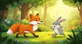 A playful animated scene in a sunlit forest features a cheerful fox (Vulpes vulpes)