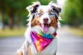 Playful Australian Shepherd With Tiedye Bandana And Braided Tail. Generative AI