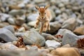 playful baby goat hopping on small stones