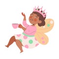 Playful Barefoot Little Girl Wearing Crown and Butterfly Wings Drinking Tea Enjoying Game Vector Illustration Royalty Free Stock Photo