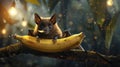 Playful bat enjoying a banana, stars twinkle, nocturnal snack, peaceful solitude , high resolution