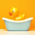 Playful bath scene Baby rubber toy in a cheerful yellow bathtub Royalty Free Stock Photo