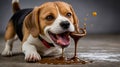 A playful beagle dog enjoying chocolate syrup on a surface Royalty Free Stock Photo