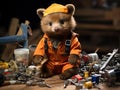 Tiny bear cub in worker outfit with tools