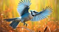 Playful Blue Bird Flying Over Tall Grass - Hyper-realistic Animal Illustration