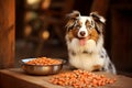 Playful border collie dog sitting next to a colorful assortment of nutritious food and treats