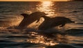 Playful bottle nosed dolphins jumping in the blue sea at sunset generated by AI Royalty Free Stock Photo