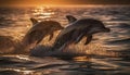 Playful bottle nosed dolphins jumping in the sunset, pure natural beauty generated by AI Royalty Free Stock Photo